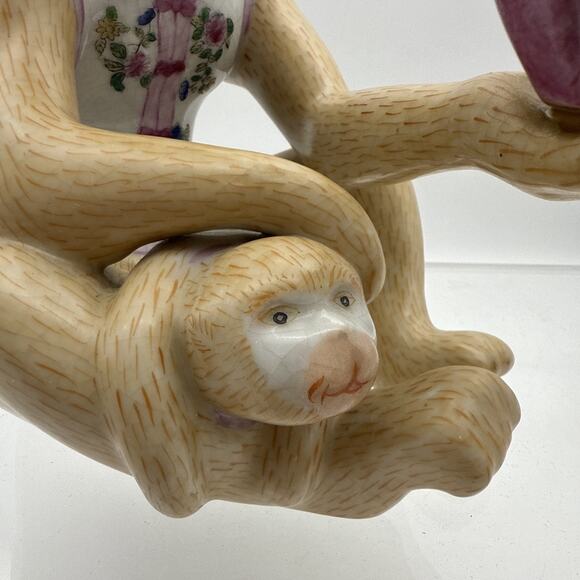 Vintage Chinoiserie Porcelain Ceramic Monkey Baby Lotus Flower People Rep China - Picture 5 of 16